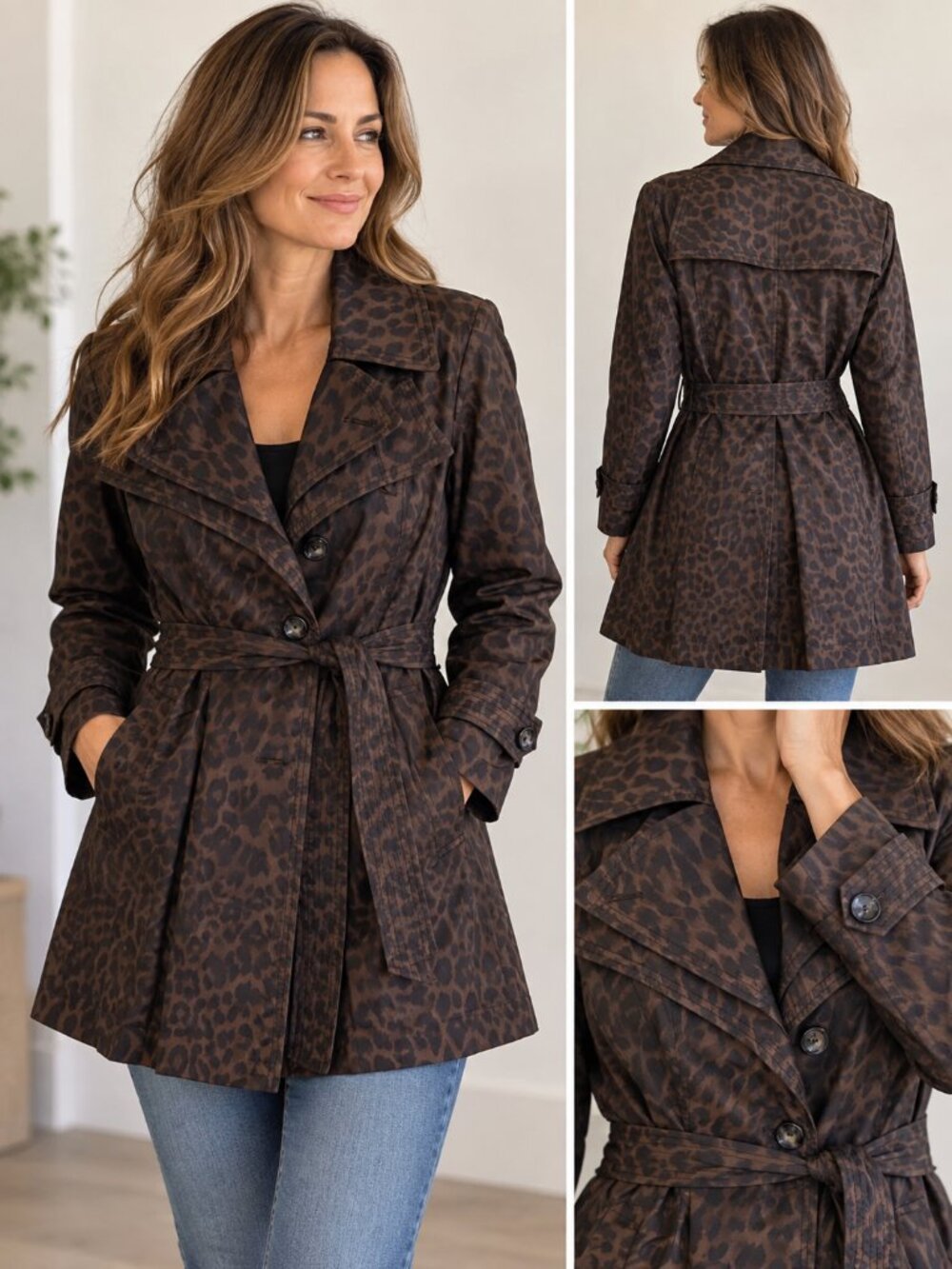 Johnston & Murphy Leopard Print Belted Trench Raincoat Jacket Size S